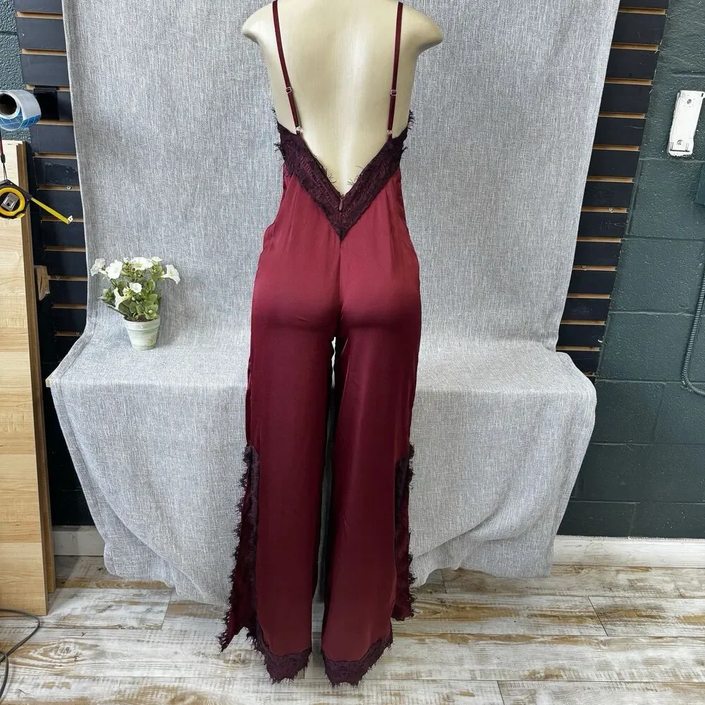 Nasty Gal Burgundy Satin Wide Leg Jumpsuit Lace Trim PTP 16 Open Back XXS Slit - Picture 11 of 16